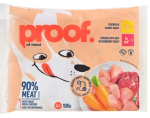 Hrana za Pse Piletina i Šargarepa u Sosu&piletina i Govedina u Sosu od Brusnice 4x 100 g Proof
