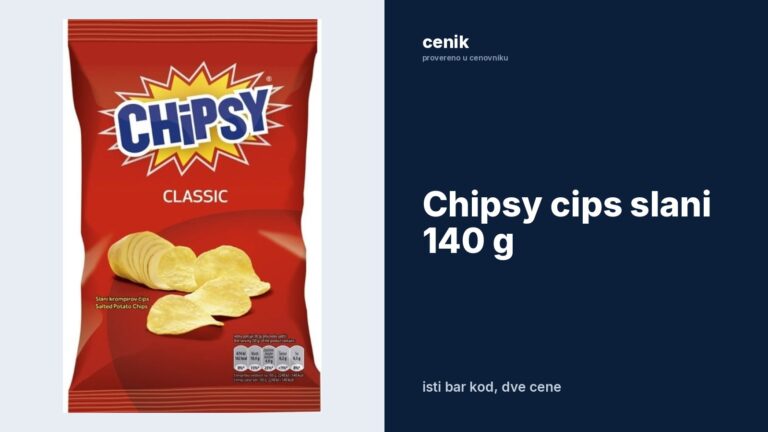 Chipsy cips slani: 139,99 din u Aleksandroviću, 279,99 din u prodavnici Sunce. Isti bar kod, 140 din razlike